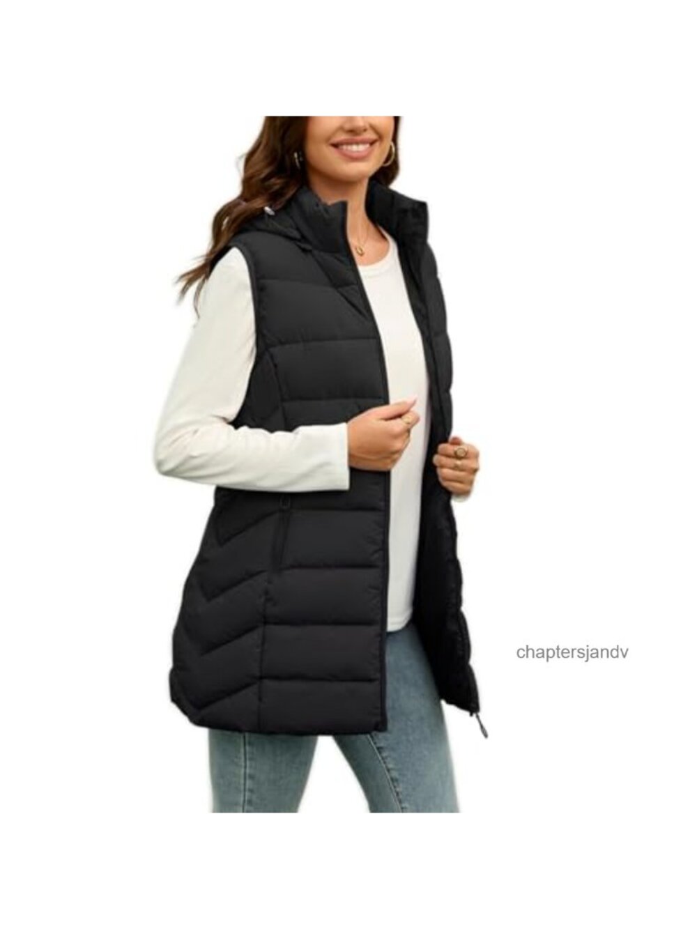 Fleece-Lined Long Puffer Vest with Hood Sleeveless Winter Vest with Pockets